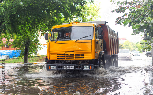 Torrential Trouble: Truck Engulfed by Flooding