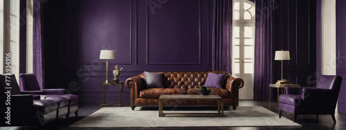 Living room décor includes a leather armchair against an empty royal purple wall.