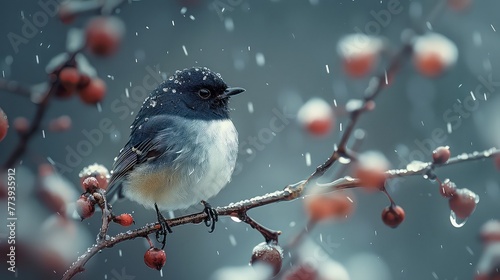 Bird sitting on a twig in rain