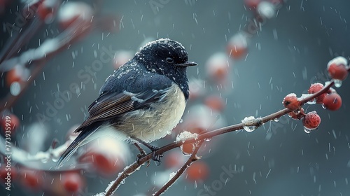 Bird sitting on a twig in rain