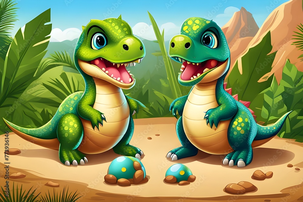 Fototapeta premium Cartoon green dinosaurs