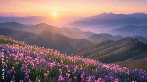 Wildflower meadow with mountain panorama during golden hour  pristine nature landscape. Wilderness and tranquility concept for design and print. Wide view with vibrant wildflowers and alpine glow