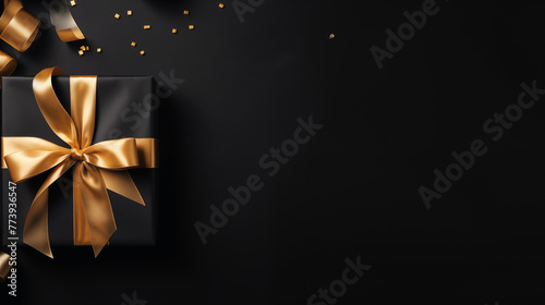 A dark blue present box adorned with a golden satin ribbon, set against a dark background. Overhead view of a birthday surprise, offering ample space for holiday or Christmas gifting.