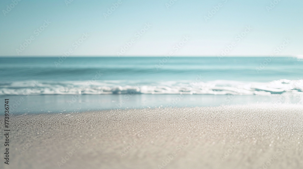 Serene beach landscape with clear blue sky and gentle waves, tropical summer backdrop. Vacation and relaxation concept for design and print. Wide scenic view with copy space