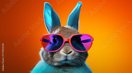A stylish rabbit sporting sunglasses against a vibrant background.