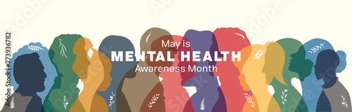 Mental Health Awareness Month banner design. It features colorful silhouette of people. Vector illustration