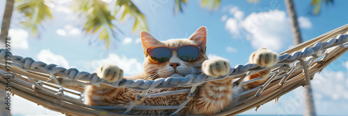  Cat sleep on hammock bed and sunbathing beach vacation with ocean and palm background 
 photo