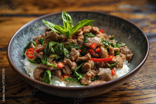 photo of Pad Kra Pao (Stir-fried Meat with Basil and Chili)