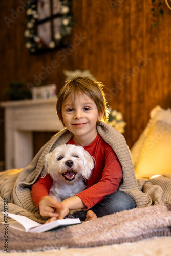 Little toddler child, boy, lying in bed with pet dog, little maltese dog, reading a book.