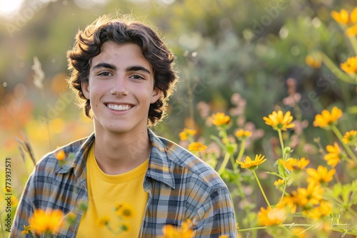 Smiling Man in Yellow Plaid Shirt Posing in a Field of Yellow Flowers Generative AI