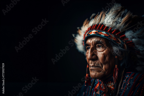 chef indien, avec sa coiffe en plumes traditionnelle, et son plastron en perles. Vieil homme représentant des amérindiens ou indiens d'Amérique sur fond noir avec espace négatif copy space. photo