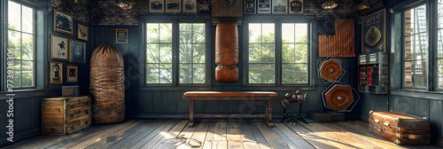 Old Vintage Gym Room with Old Vintage Boxing Leather , Timeless Workout Vintage Gym Room with Classic Leather Boxing Bag