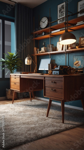 Mid-century modern workspace with retro furnishings. 3D rendering.