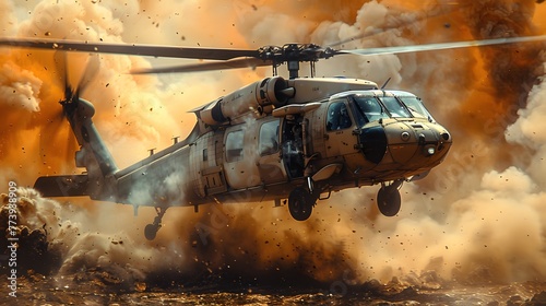 A military helicopter navigating through a crossfire in the desert, with plumes of smoke and dust obscuring the landscape below, capturing the adrenaline-fueled atmosphere of combat.