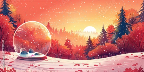 Enchanting Pocket Universe: Changing Seasons in a Snow Globe - Vector Illustration of a Whimsical World with Tiny Inhabitants