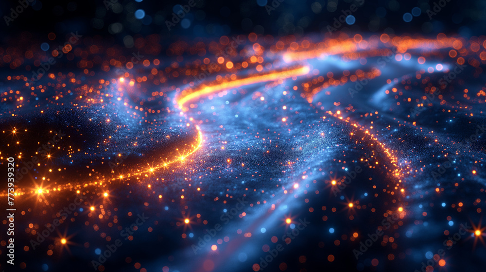 Cosmic scene background with abstract wavy space. Sparkling particles