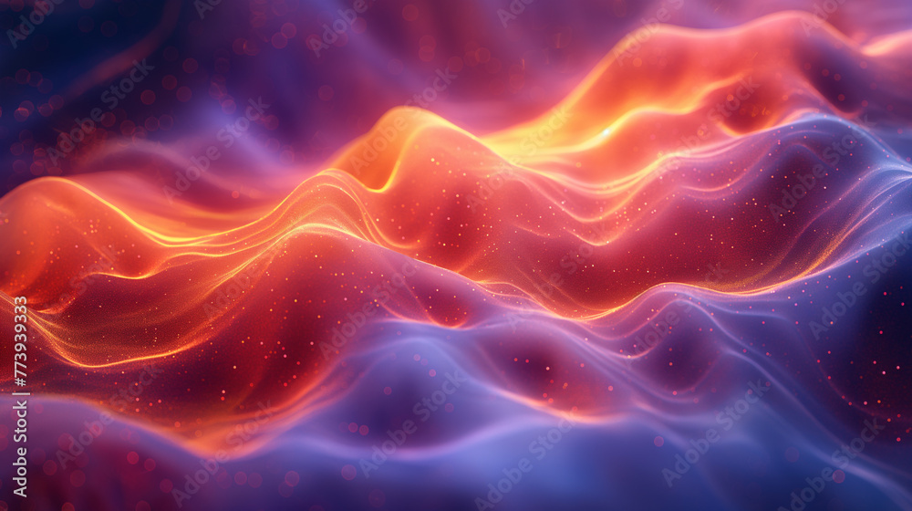Waves of pink and purple tones on a space-themed backdrop with a digital twist. Glowing particles are part of the design