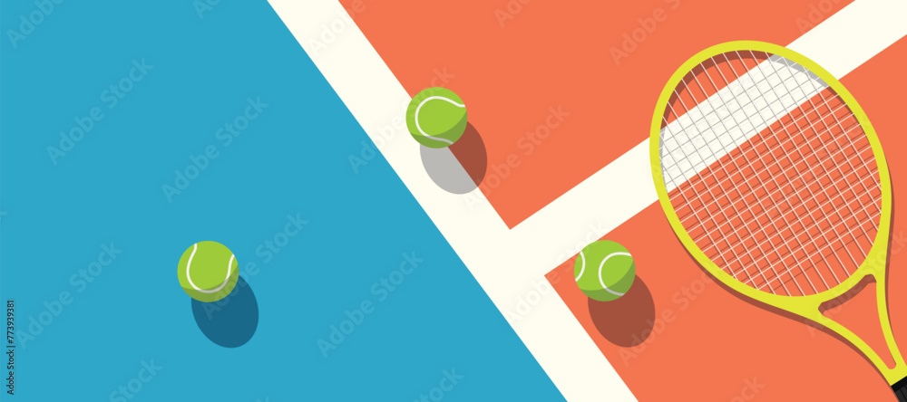 stands on tennis court with tennis racket and tennis ball - obrazy, fototapety, plakaty 