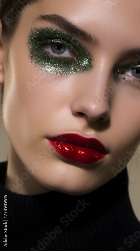 Close Up of Woman With Green and Red Makeup