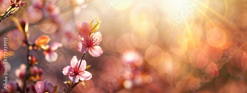 Blossoming Cherry Branch Against Golden Sunset, Background for Greeting Cards, Invitations, and Spring Festival Posters, Wedding, Mothers day, Birthday, Banner, Copy Space © Nina