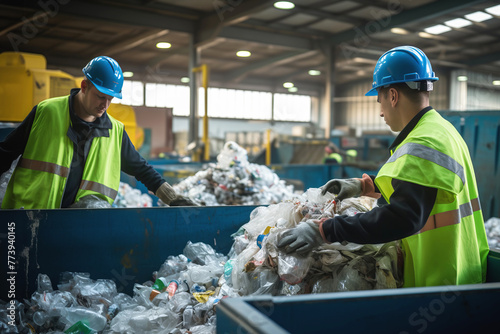 Workers sorting through waste at a recycling facility.