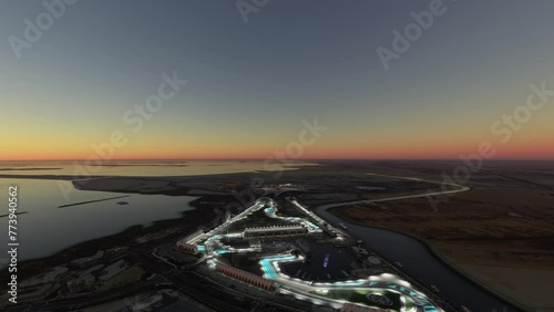 Nightfall aerial view of the Yas Marina circuit in Abu Dhabi. United Arab Emirates
