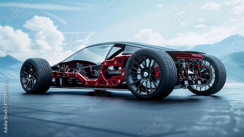 futuristic electric sport fast car chassis and battery packs with high performance or future EV fatory production. Generative Ai