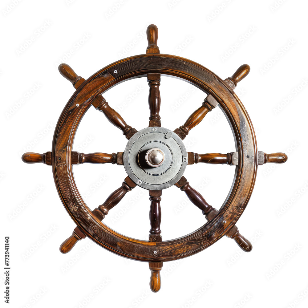 Wooden Ship boat steering wheel isolated on transparent background, clipart, cutout, png.