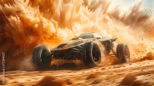Immortalize the intensity of a high-speed pursuit in the desert, with a military vehicle leading the charge.