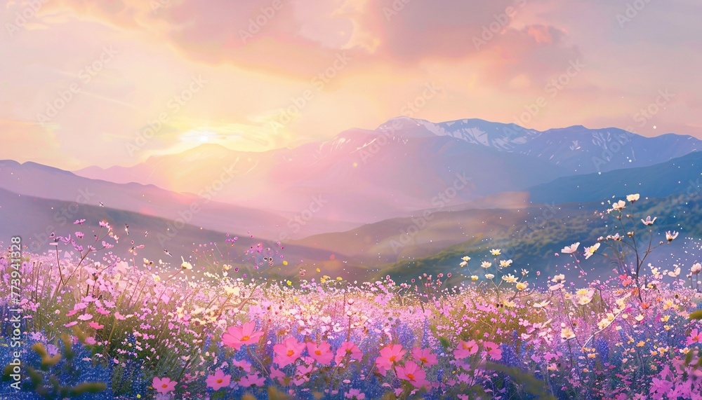Pink Flower Fields in the Mountains Generative AI