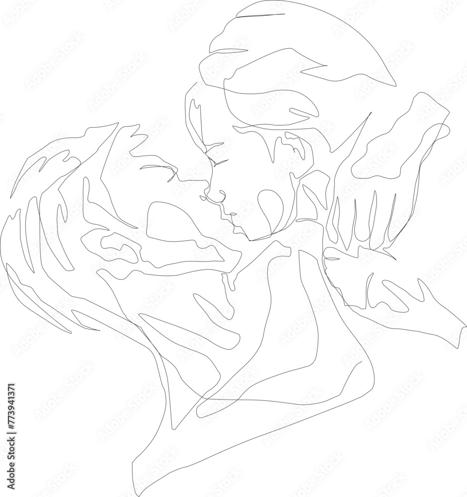 One line drawing couple illustration on transparent background.

