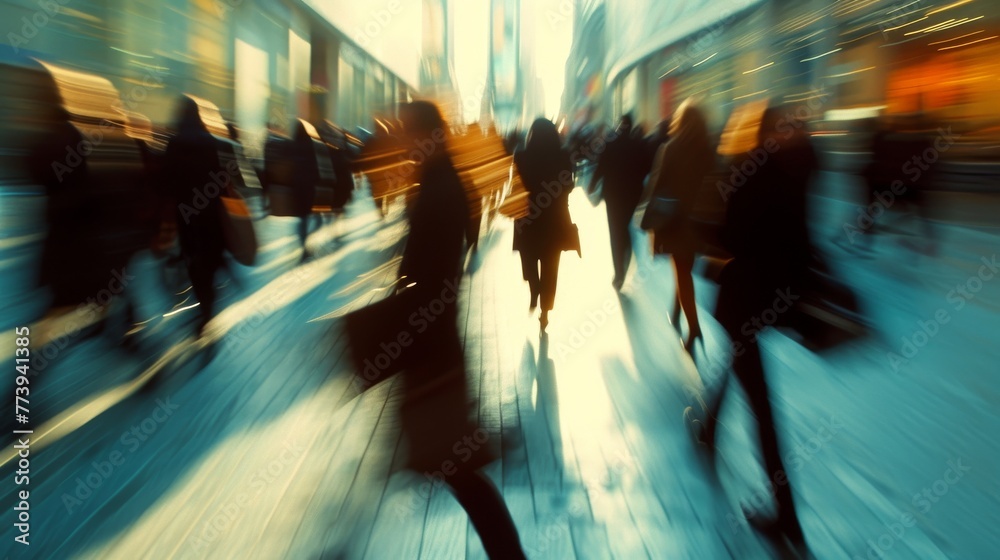 Blurry image of people walking down a city street - obrazy, fototapety, plakaty 