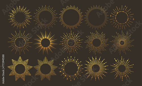 Sunburst gold vintage explosion. Handdrawn vector Design, magical Element. Fireworks collection. Bohemian sunrays linear icons and symbols for decoration