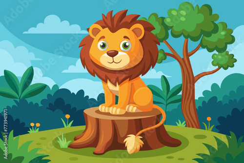 Cartoon of a lion sitting on tree stump