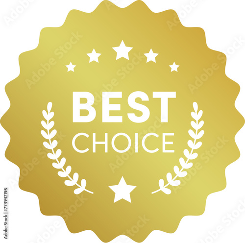 Best choice product gold label wavy badge. Round premium quality product guarantee logo with stars, laurel crown. Simple vector sign, rubber seal stamp symbol for sticker, logo, certificate.