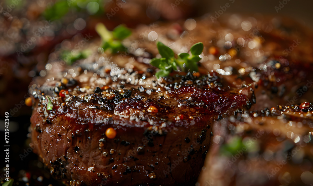 succulently grilled steak showing its juicy texture and appealing char,  Generative AI 