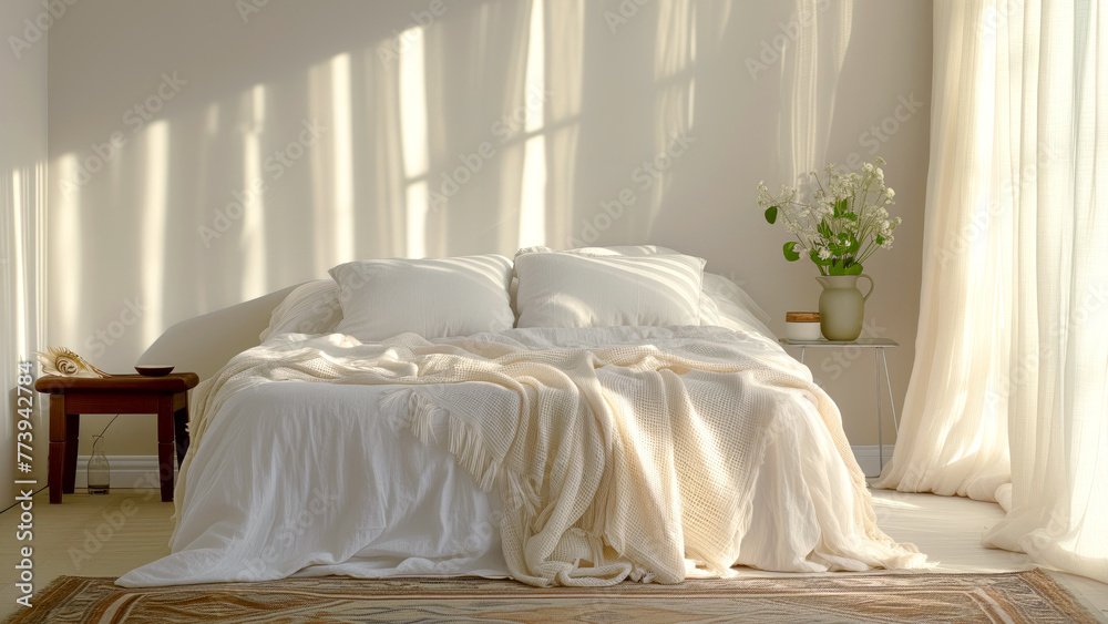A bed with white linens and pillows is placed inside a building next to a window, surrounded by houseplants in flowerpots. The flooring is made of wood, creating a cozy atmosphere A bed with white linens and pillows is placed inside a building next to a window, surrounded by houseplants in flowerpots. The flooring is made of wood, creating a cozy atmosphere