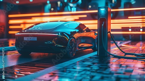 futuristic generic electric EV car vehicle parked at charging station. Generative Ai photo