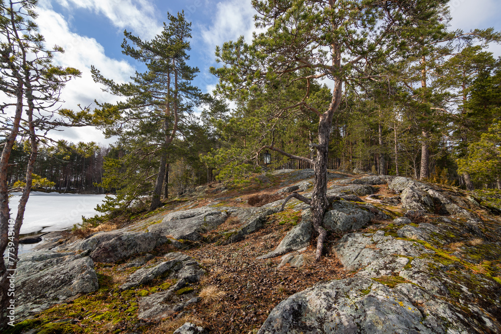 Ice and snow covered lake in early spring. Saimaa Lake in Lappeenranta, Finland