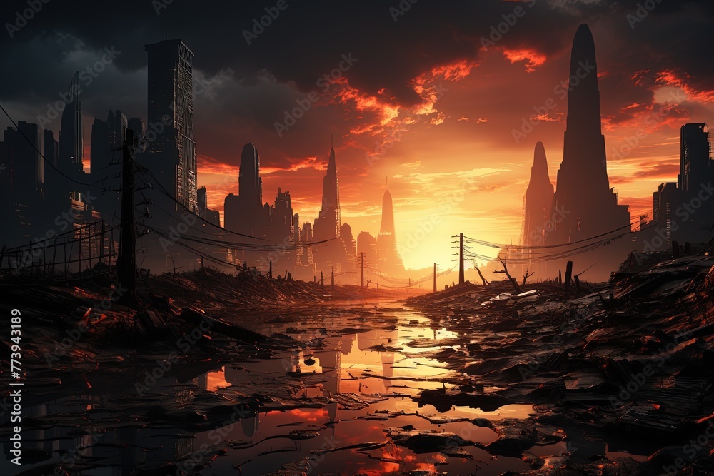 Landscape, ruined streets in an abandoned city, at sunset, digital-art style, view from above Landscape, ruined streets in an abandoned city, at sunset, digital-art style, view from above