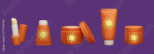 Set of colorful orange 3D SPF sunscreen beauty cosmetic products isolated on dark background. Sun safety cream lotion bottle, UV light protection lipstick summer skincare treatment vector illustration