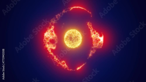 Yellow energy magic circle, sphere, ball made of futuristic waves and lines of particles of atomic energy and electricity force field. Abstract background. Video in high quality 4k, motion design photo