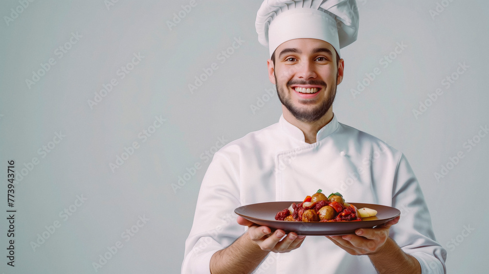 chef holding a plate of vegetables and meat chef holding a plate of vegetables and meat