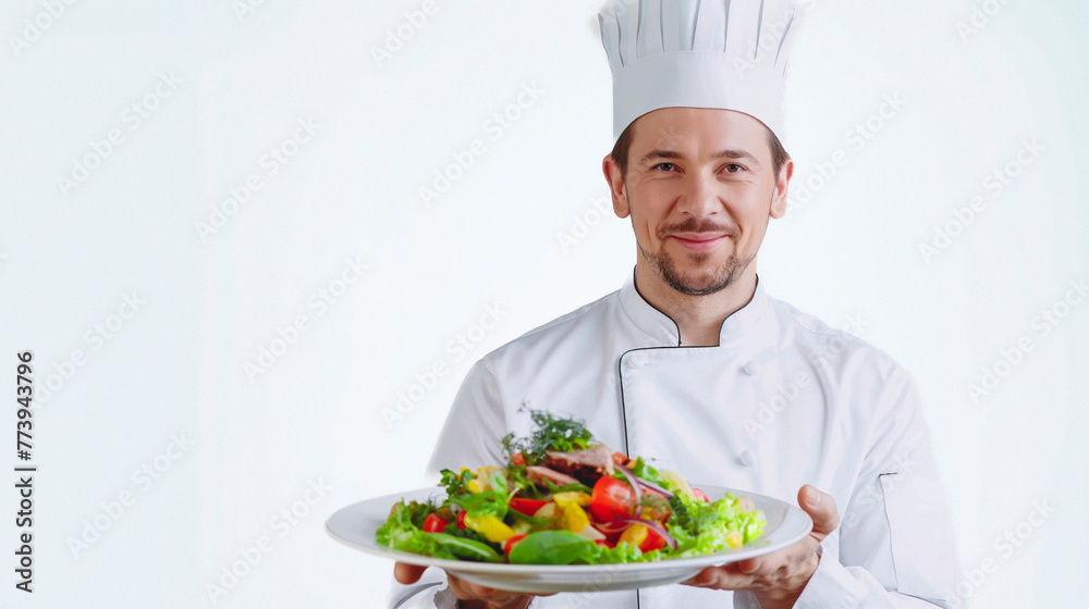 chef holding a plate of vegetables and meat chef holding a plate of vegetables and meat