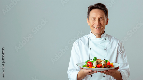 chef holding a plate of vegetables and meat