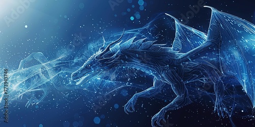 Abstract flying dragons on a dark blue background. Technological background for design on the topic of artificial intelligence, neural networks, big data.