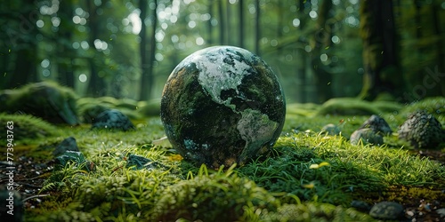 A large green ball symbolizing planet Earth lies in the forest. #773943763