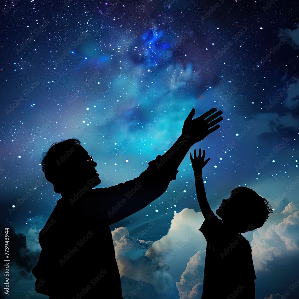 Father Day A father and son reaching out to each other, with the sky as their backdrop