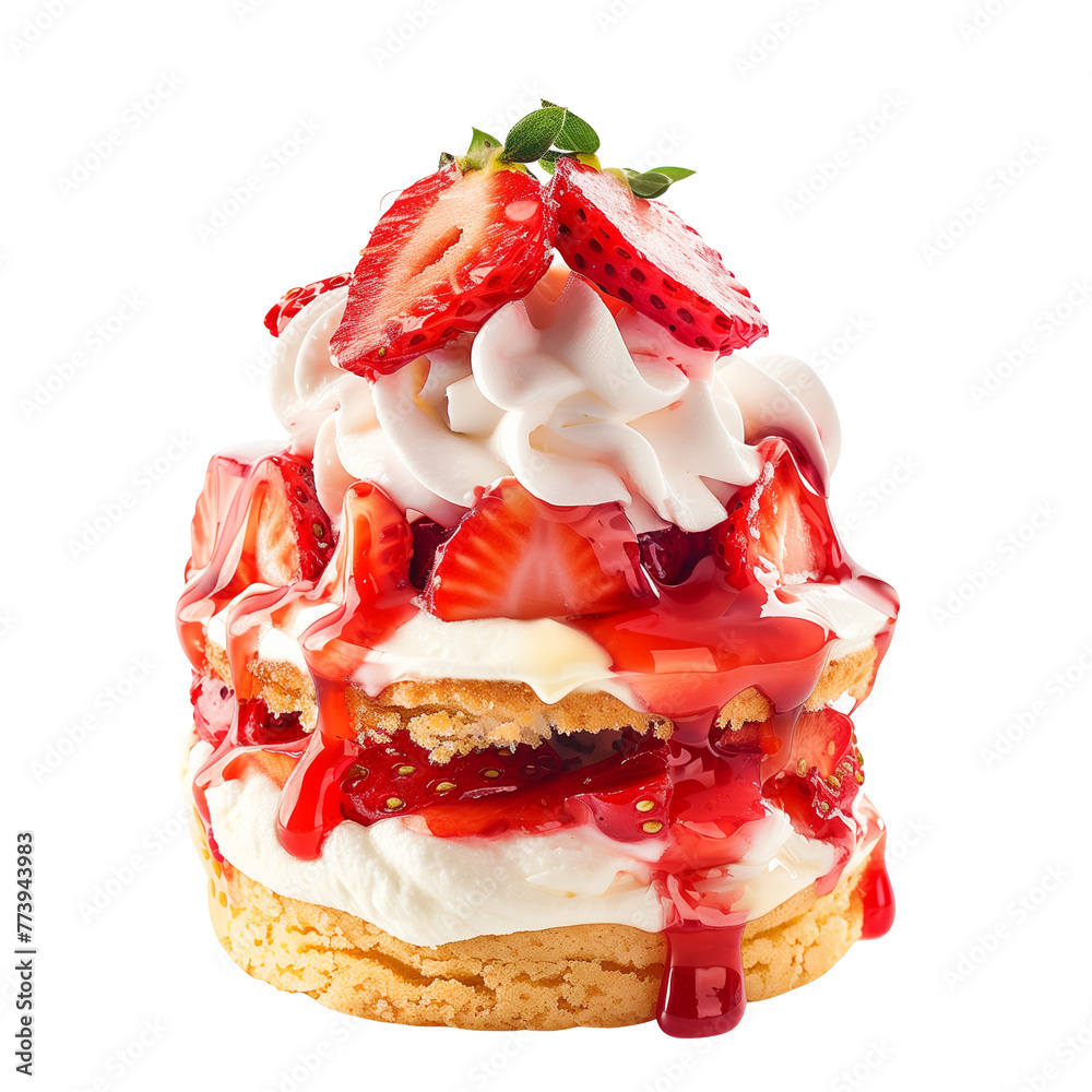 An elaborate strawberry shortcake, layered with whipped cream and fresh ...