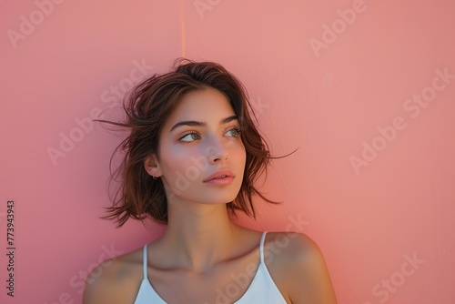 A woman with brown hair and green eyes is standing in front of a pink wall